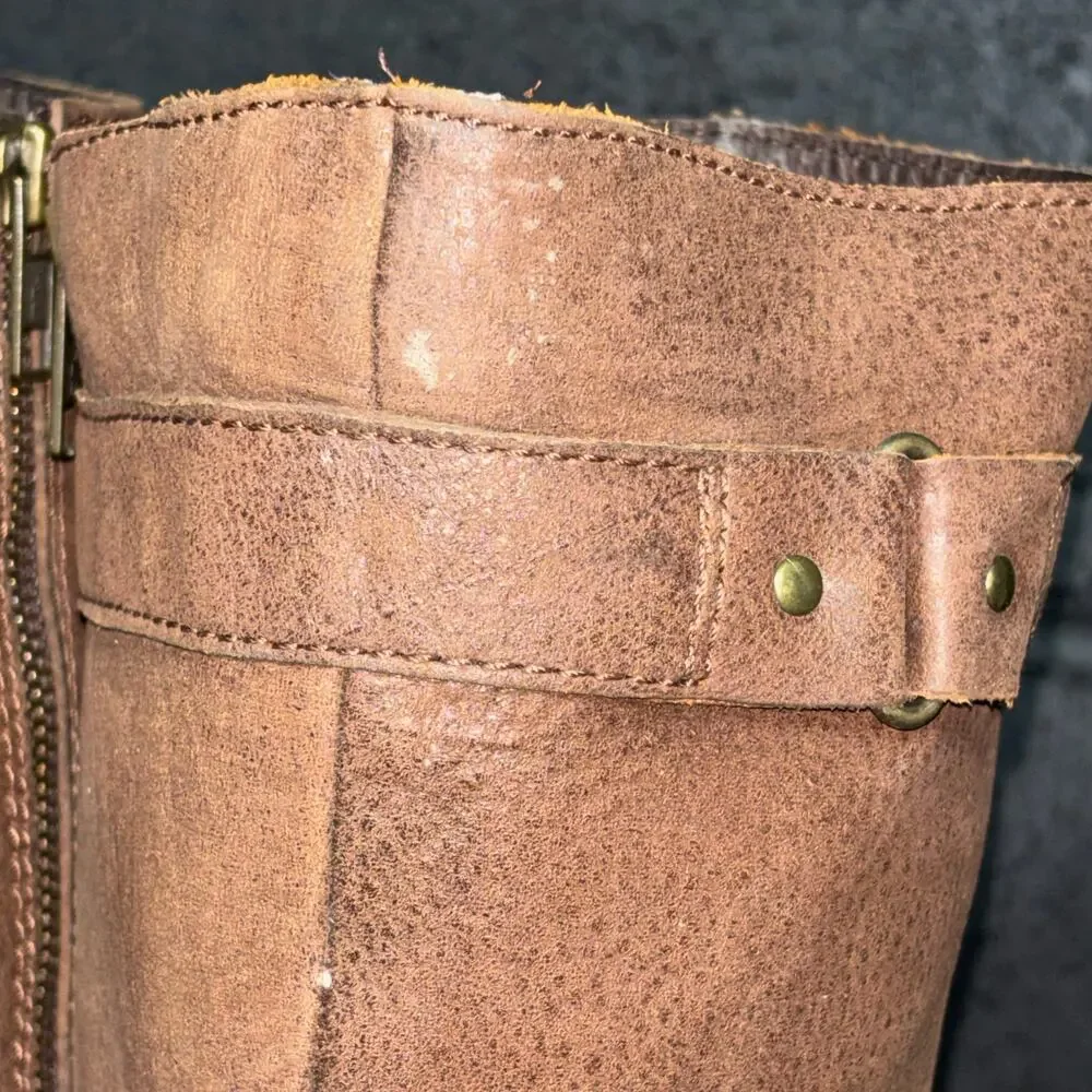 Born Tall Leather Boots Brown Riding Buckle Stacked Heel Size 8.5 - Picture 6 of 11